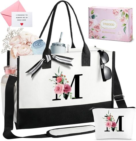 TRSODD Birthday Gifts for Women Mothers Day Gifts for Mom Wife Grandma Daughter Sister Teacher Initial Tote Bag and Makeup Bag in Kuwait
