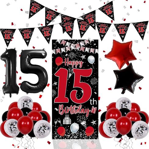 ديكورات عيد ميلاد الحادي عشر للبنات الفتيات ، أسود أحمر ، ديكورات عيد ميلاد سعيد 11th ، لافتة باب عيد ميلاد عمرها 11 عامًا ، علم المثلث ، عدد كبير من البالونات البالونات البالونات. in Kuwait