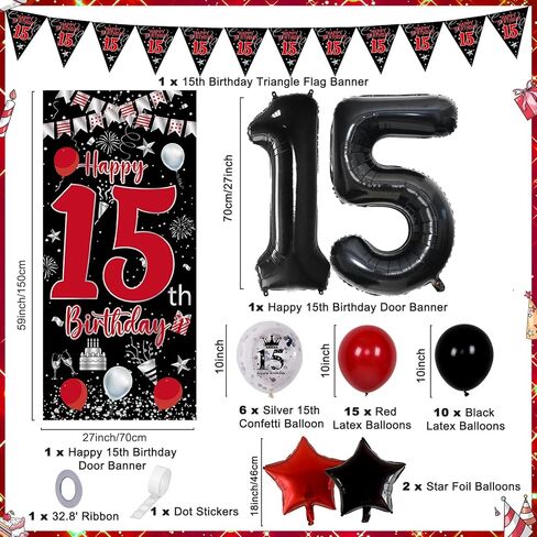 ديكورات عيد ميلاد الحادي عشر للبنات الفتيات ، أسود أحمر ، ديكورات عيد ميلاد سعيد 11th ، لافتة باب عيد ميلاد عمرها 11 عامًا ، علم المثلث ، عدد كبير من البالونات البالونات البالونات. in Kuwait