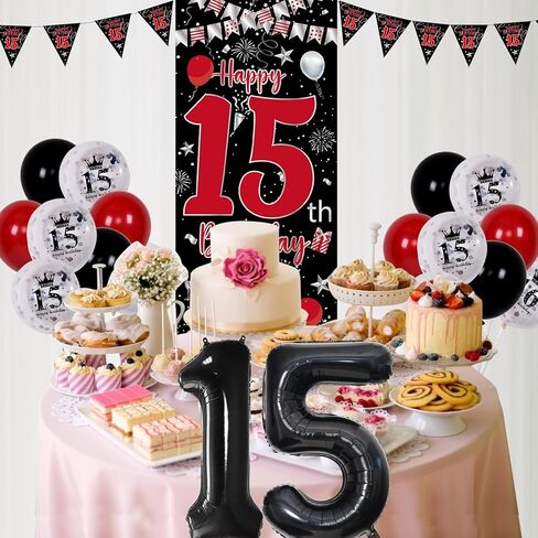 ديكورات عيد ميلاد الحادي عشر للبنات الفتيات ، أسود أحمر ، ديكورات عيد ميلاد سعيد 11th ، لافتة باب عيد ميلاد عمرها 11 عامًا ، علم المثلث ، عدد كبير من البالونات البالونات البالونات. in Kuwait