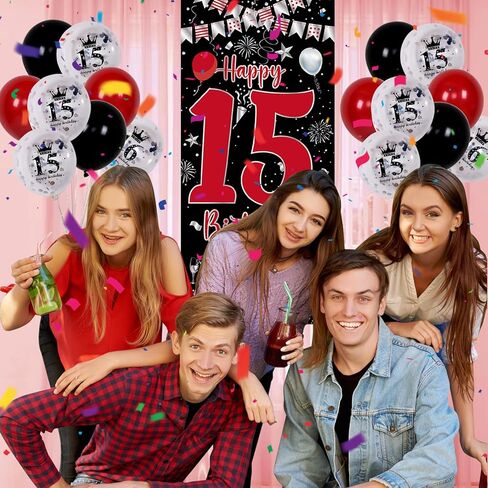 ديكورات عيد ميلاد الحادي عشر للبنات الفتيات ، أسود أحمر ، ديكورات عيد ميلاد سعيد 11th ، لافتة باب عيد ميلاد عمرها 11 عامًا ، علم المثلث ، عدد كبير من البالونات البالونات البالونات. in Kuwait