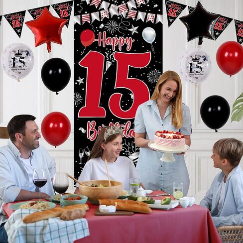 ديكورات عيد ميلاد الحادي عشر للبنات الفتيات ، أسود أحمر ، ديكورات عيد ميلاد سعيد 11th ، لافتة باب عيد ميلاد عمرها 11 عامًا ، علم المثلث ، عدد كبير من البالونات البالونات البالونات. in Kuwait