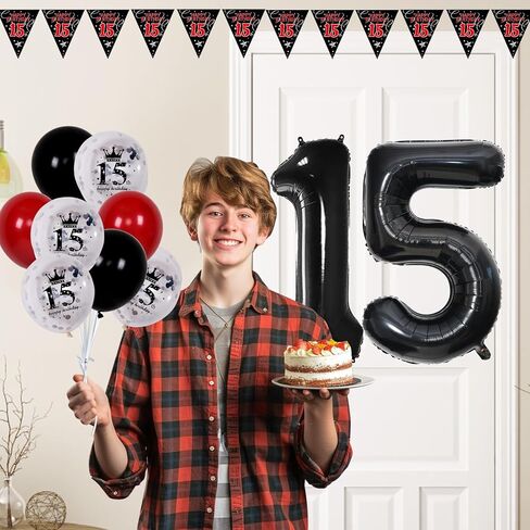 ديكورات عيد ميلاد الحادي عشر للبنات الفتيات ، أسود أحمر ، ديكورات عيد ميلاد سعيد 11th ، لافتة باب عيد ميلاد عمرها 11 عامًا ، علم المثلث ، عدد كبير من البالونات البالونات البالونات. in Kuwait