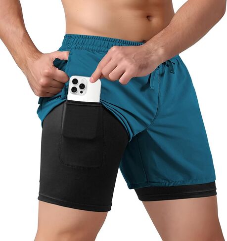 Men's 2 in 1 Athletic Quick Dry Shorts,Running Lightweight,Sweat Wicking Gym Workout Elastic Short in Saudi Arabia