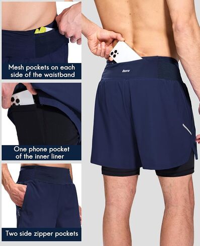 Haimont Men's 2 in 1 Running Shorts with Zipper Pockets Quick Dry Athletic Gym Workout Shorts with Liner in Kuwait