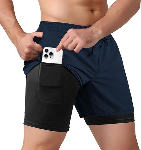 Men's 2 in 1 Athletic Quick Dry Shorts,Running Lightweight,Sweat Wicking Gym Workout Elastic Short in Saudi Arabia