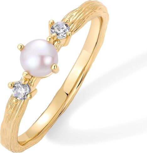 PAVOI 14K Gold Plated Pearl Hammered Ring for Women | Dainty Elegant Stackable Cubic Zirconia Thin Band for Women in Saudi Arabia