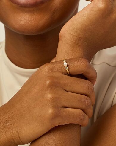 PAVOI 14K Gold Plated Pearl Hammered Ring for Women | Dainty Elegant Stackable Cubic Zirconia Thin Band for Women in Saudi Arabia