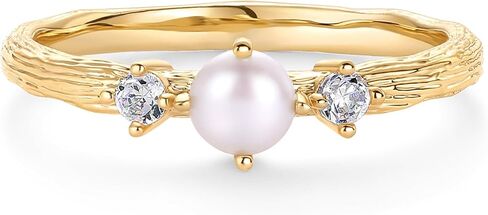 PAVOI 14K Gold Plated Pearl Hammered Ring for Women | Dainty Elegant Stackable Cubic Zirconia Thin Band for Women in Saudi Arabia