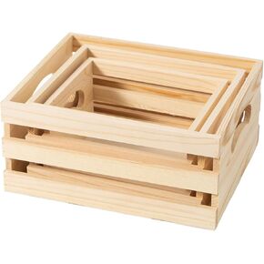 Set of 3 Rustic Wooden Nesting Crates with Handles, Decorative Wood Crates, Crate Box Wooden Storage Box for Kitchen, Office, Bedroom, Closet, Rustic Country Decor (Large Size 9.4 x 7.8 x 4.3 in)
