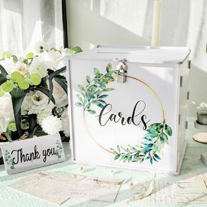 Ourwarm White Card Card Box مع قفل وفتحة ، مربع بطاقة هدايا PVC لحضور حفل زفاف ، مربع بطاقة الأموال الأوكالبتوس Eucalyptus لتخرج الحفلات الزفاف الزفاف الزفاف