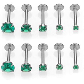10Pcs 16G Emerald CZ Stainless Steel Lip Rings Internally Threaded Labret Lip Studs Monroe Medusa Piercing Jewelry Conch Helix Cartilage Studs Earrings 6mm 8mm 10mm