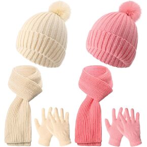 JaGely 2 Sets Kids Winter Hat Gloves Scarf Set Girls and Boys Knit Hat with Pom Warm Scarf Snow Gloves for 3-10 Years Toddler