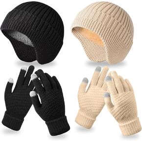 4 Pack Baby Hat and Glove, Unisex Winter Baby Toddler Hat Glove Set, Kids Winter Beanies with Gloves Knitted Beanie Hats Soft Toddler Beanie Cap Gloves Set for Boys Girls, Age 6 to 14