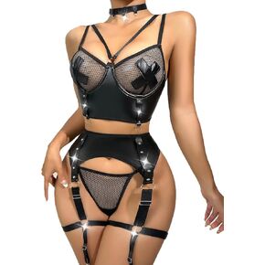Leather Garter Lingerie Set For Women 4 Piece Lingerie Underwear Bodysuit Mesh PU Bra with Thongs Set Nightwear