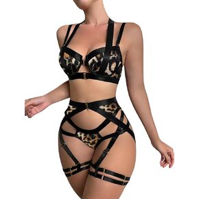 Lilosy Sexy Strappy Underwire Push Up Garter Belt Women Lingerie Set Harness Cutout Outfits Matching Bra Panty 3 Piece