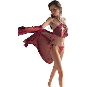 Women Sexy Lingerie - 3 Piece Bra and Panty Sets with Lace Robe Sheer Embroidered Lingerie Set