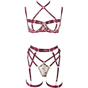 Women's Strappy 4-Piece Lingerie Set Punk Body Harness Garter Belts Gothic Festival Wear Rave bras
