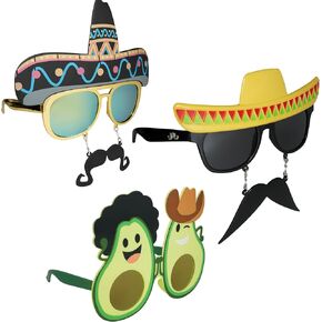 Sun-Staches Cinco de Mayo Sunglasses | Sombrero ، Fiesta ، Avocado 3 Pack | حجم واحد يناسب أكثر