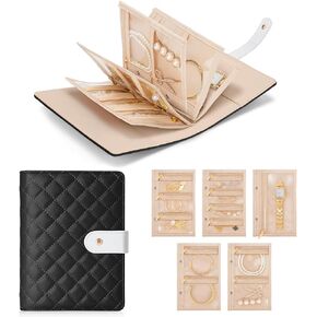 Woomada Travel Jewelry Organizer Case ، كتاب تخزين مجوهرات مخملي قابلة للطي مع حقيبة سحاب صافية للحلقات ، القلادات ، الأقراط ، الأساور (كريم)