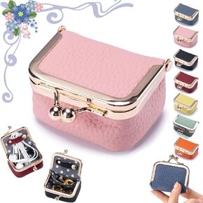 Genuine Leather Mini Jewelry Box, Portable Vintage-Inspired Genuine Leather Coin Purse Jewelry Case with Kiss Lock, Mini Travel Ring Box for Women for Earring/Ring/Necklace/Bracelet(Pink)