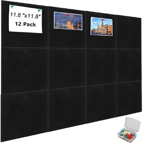 لوحة كبيرة من أجل الجدار ، 12 حزمة 11.8 "× 11.8" بلاطات نشرات شعر ، لوح دبوس الإشعار الذاتي مع Pushpins للمكتب منزل المطبخ مزاج ديكور الصور (أسود)