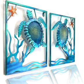 Liffy Metal Sea Turtle Beach تحت عنوان الحمام الجدار الفني مع فن الجدار الإطار مع الأضواء الخيالية LED ، ونحت جدار الفنون الزجاجية للأسماك للفناء والشاطئ والحديقة والفناء ومسبح ، هدية منزلية (2 مساءً ، الأزرق)