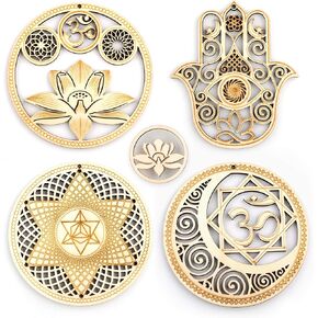5.31" Sacred Geometry Wall Art 4 PCS Set, (Sacred Lotus, Hamsa Hand, Soul Star, Union Sun Moon) Crystal Grid Meditation Chakra Wooden Wall Art Yoga Decor Spiritual Gifts