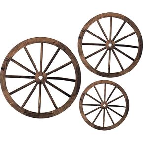 QUNCLAY 3 PCS DECER WOODEN WAGON WELAN DECRED 12/10/8 بوصة من الجدار الغربي القديم مزرعة العجلات العربة ريفي ساحة شنقا للفن الزخرفي للحديقة باراج باراج (بني غامق)