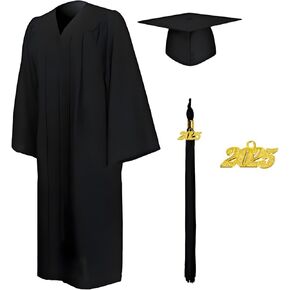 Black Matte Graduation Cap and Gown with Tassel and 2025 Charm Set, Unisex Adult for College, High School and Bachelor