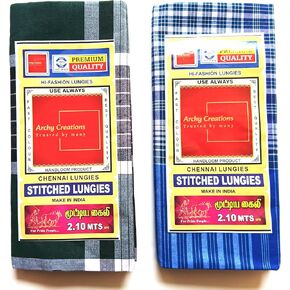 Lungi القطن الممتاز ، Sarong الهندي التقليدي ، 2.10 متر ، منقوش أخضر وأزرق ، حزمة 2