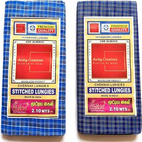 Premium Handloom Stitched Lungi ، 2.10 متر ، نمط متقلب قطن ، أزرق وبحرية ، حزمة 2