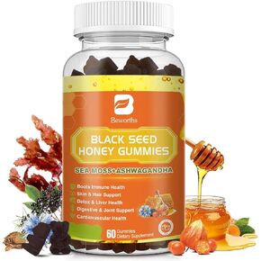 Black Seed Oil Sea Moss Gummies with Ashwagandha, Burdock Root, Linden Honey, Elderberry, Turmeric, Vitamin C, D3 & Zinc - Supports Immunity, Joints, Digestion, Hair & Skin, Vegan Gummies 60 Counts