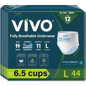 VIVO Organic Cotton Overnight Sensitive Care Adult Incontinence Diaper Briefs with Tabs, Large 22 Count