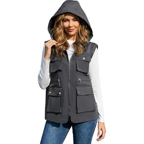 PESION Womens Packable Military Utility Vests Outerwear Waterproof Windbreaker Jacket Cargo Vest with Removable Hood