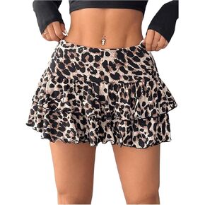 Verdusa Girl's Cheetah Tiered Mini Ruffle Skirt Y2k Drop Waist A Line Flared Skirts