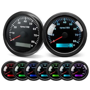 مقياس سرعة الدوران 3-3/8 "85mm 6000 دورة في الدقيقة قارب RPM Gauge 7 ملون مقاوم للماء لشاحنة السيارات البحرية （أسود）