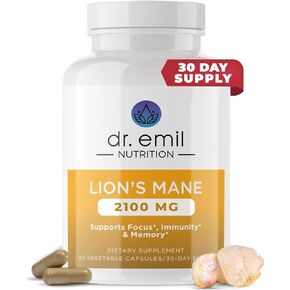 دكتور. Emil Nutrition 2100mg Lions Lions Mane Capsules - التركيز ، الوضوح العقلي والإدراك - ملحق Mane Mane Nootropic Lion مع Lions Mane العضوية