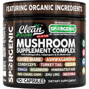 ملحق الفطر العضوي | Ashwagandha Lions Mane Cordyceps turkey tail reishi mushrooms maca root black chaga chaga tremella agarikon shiitake oyster powder capsules sporgenic by clean nutra (1)