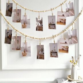2PCS Hanging Photo Display Wall Decor, Boho Wooden Bead Garland Photo Display with Clips for Dorm, Bedroom, Living Room, Office Cubicle Decor, Art Display Hangers for Artwork