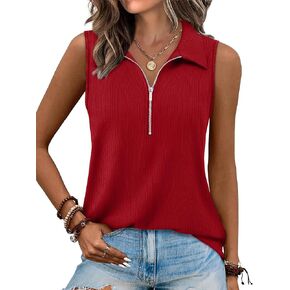 XIEERDUO Womens Summer Tops V Neck Collared Shirts Dressy Casual Ribbed Tank Top with Zipper Loose Fit