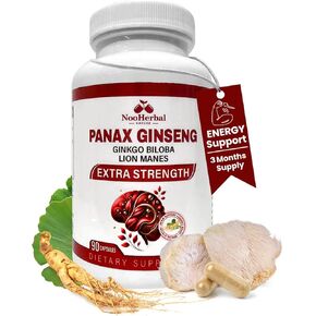 Panax Ginseng 500mg + Ginkgo Biloba + Lions Mane ، 90 Capsules | قوة جينسينوسيدات إضافية للطاقة ، التركيز العقلي ، الدعم المناعي | ملحق الدماغ | ملحق العشبي الخالي من المعدل وراثيا والغلوتين