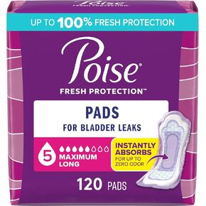 Poise Incontinence Pads & Postpartum Incontinence Pads, 5 Drop Maximum Absorbency, Long Length, 120 Count (2 Packs of 60), Packaging May Vary