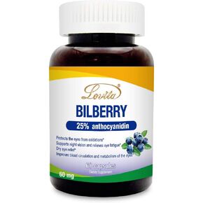 Lovita Bilberry Extract, 60 mg Extra Strength 100:1 Concentrate, Standardized to 25% Anthocyanins for Eye Health & Vision Support, 60 Vegan Capsules