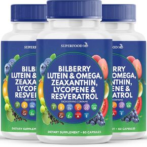 Superfood MD Eye Health Vitamins with Bilberry Lutein & Zeaxanthin Lycopene 40mg Resveratrol Grape Seed Extract Astaxanthin- AREDS 2 - Eye Vitamin - 120 Capsules
