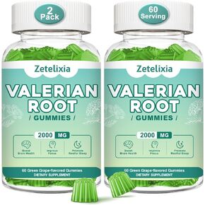 2 Pack Organic Valerian Root Gummies, Natural Calm to Help Relaxation, Herbal Supplement for Mood Support, Melatonin Free, Non-GMO, Gluten Free, Vegan, Green Grape Flavor, 120 Count