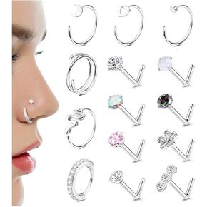 14K Gold Filled Nose Rings Studs 20G 316L Surgical Steel Nose Ring 14Pcs L Shaped Nose Studs CZ Hoop Nose Rings Set for Women Men Nose Piercing Jewelry