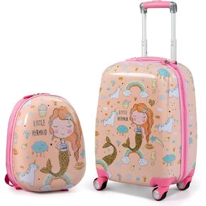BABY JOY 2 PC Kids Carry On Luggage Set, 12" Backpack & 18" Toddler Suitcase, Hard Shell Travelling Case & Backpack w/ 4 Rotating Casters, Cute Rolling Trolley Case for Boys & Girls (Mermaid)