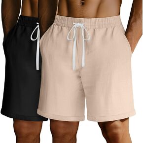 Ficerd 2 Pack Men's Big and Tall Linen Shorts Cotton Cotton Lasual Leact Summer Summer Shorts مع جيوب