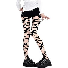 WDIRARA Women's Hollow Out Pantyhose Ripped Tights High Stockings for Rave Punk Y2k
